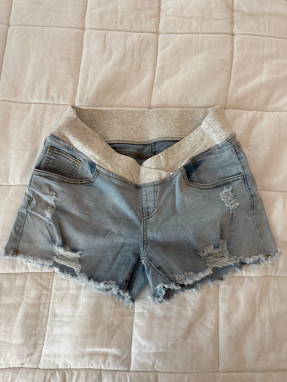 Light Blue Distressed Maternity Denim Shorts with Stretch Waistband